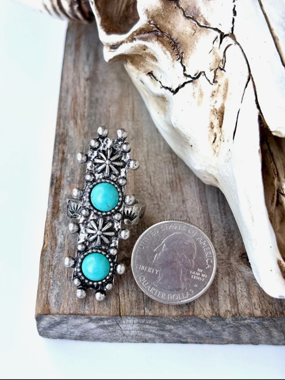 Turquoise Silver Floral Bar Ring - Women Jewelry Western Style Stretch Ring